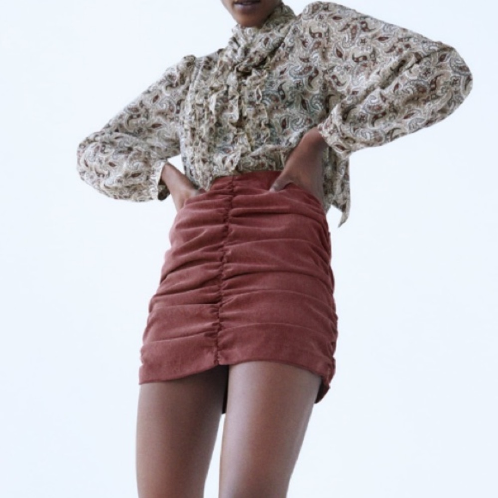 Zara Draped Thin Corduroy Ruching Mini Skirt Burgundy